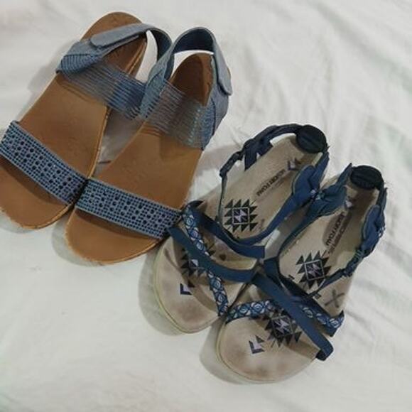 2 pairs SIZE 8 SKECHERS Blue Sandals 1-Cork Wedge / 1- Strappy Memory Foam - Picture 1 of 16